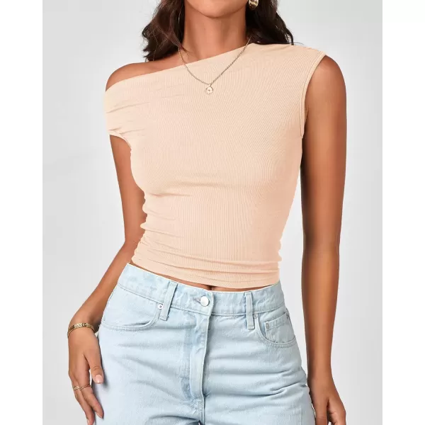 BTFBM Women Off The Shoulder Tops 2024 Summer Sleeveless Ruched Ribbed Shirt Asymmetrical Slim Fit Y2K Going Out TopSolid Beige