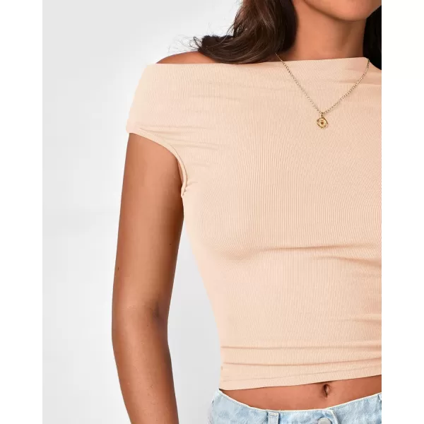 BTFBM Women Off The Shoulder Tops 2024 Summer Sleeveless Ruched Ribbed Shirt Asymmetrical Slim Fit Y2K Going Out TopSolid Beige