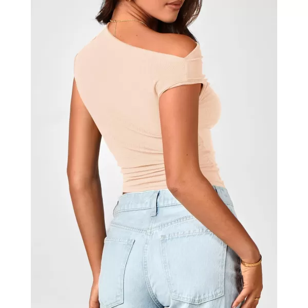 BTFBM Women Off The Shoulder Tops 2024 Summer Sleeveless Ruched Ribbed Shirt Asymmetrical Slim Fit Y2K Going Out TopSolid Beige