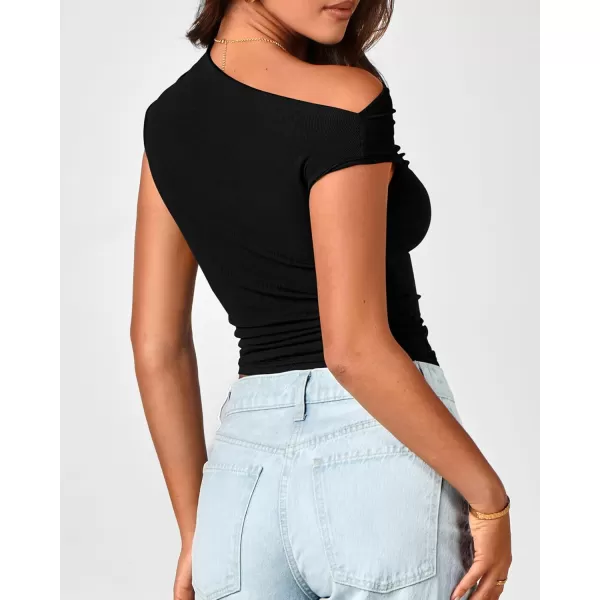 BTFBM Women Off The Shoulder Tops 2024 Summer Sleeveless Ruched Ribbed Shirt Asymmetrical Slim Fit Y2K Going Out TopSolid Black