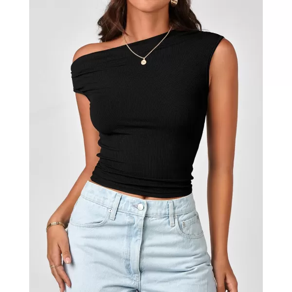 BTFBM Women Off The Shoulder Tops 2024 Summer Sleeveless Ruched Ribbed Shirt Asymmetrical Slim Fit Y2K Going Out TopSolid Black