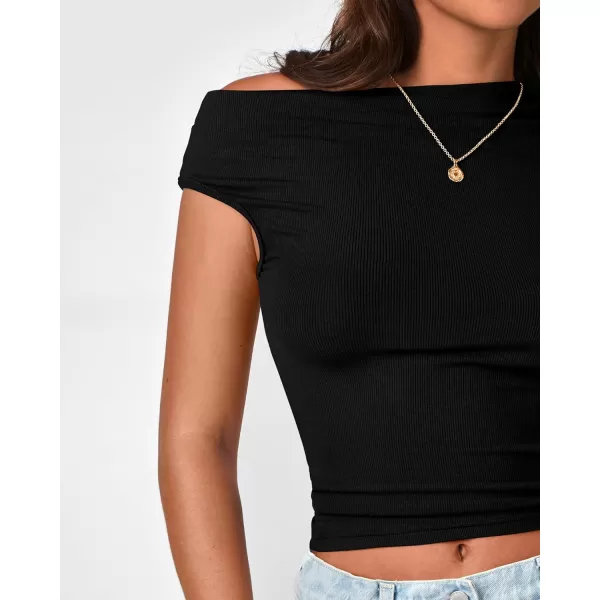 BTFBM Women Off The Shoulder Tops 2024 Summer Sleeveless Ruched Ribbed Shirt Asymmetrical Slim Fit Y2K Going Out TopSolid Black