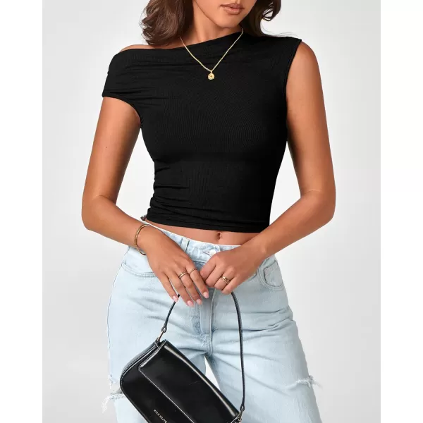 BTFBM Women Off The Shoulder Tops 2024 Summer Sleeveless Ruched Ribbed Shirt Asymmetrical Slim Fit Y2K Going Out TopSolid Black