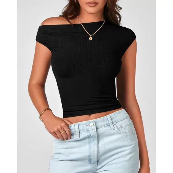 BTFBM Women Off The Shoulder Tops 2024 Summer Sleeveless Ruched Ribbed Shirt Asymmetrical Slim Fit Y2K Going Out TopSolid Black
