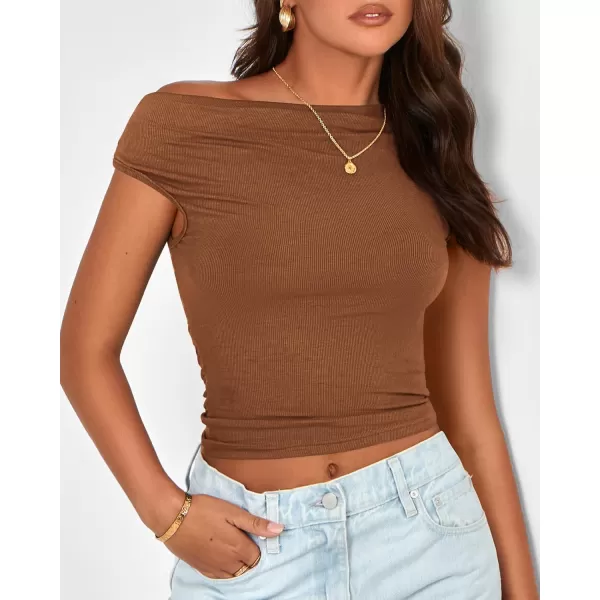 BTFBM Women Off The Shoulder Tops 2024 Summer Sleeveless Ruched Ribbed Shirt Asymmetrical Slim Fit Y2K Going Out TopSolid Brown