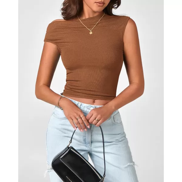 BTFBM Women Off The Shoulder Tops 2024 Summer Sleeveless Ruched Ribbed Shirt Asymmetrical Slim Fit Y2K Going Out TopSolid Brown