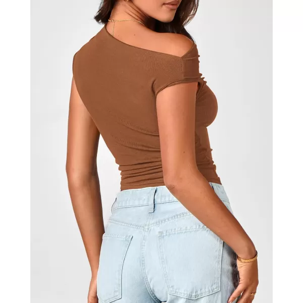 BTFBM Women Off The Shoulder Tops 2024 Summer Sleeveless Ruched Ribbed Shirt Asymmetrical Slim Fit Y2K Going Out TopSolid Brown