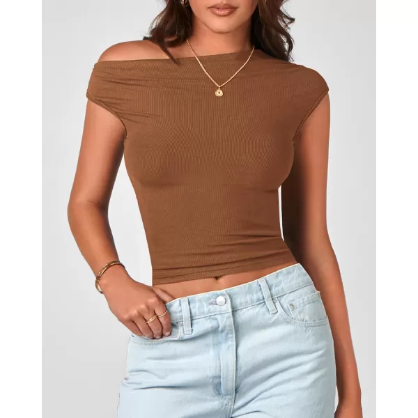 BTFBM Women Off The Shoulder Tops 2024 Summer Sleeveless Ruched Ribbed Shirt Asymmetrical Slim Fit Y2K Going Out TopSolid Brown