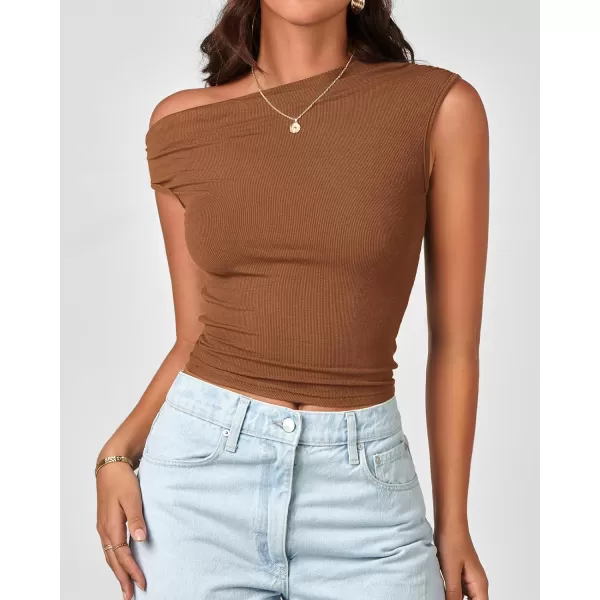 BTFBM Women Off The Shoulder Tops 2024 Summer Sleeveless Ruched Ribbed Shirt Asymmetrical Slim Fit Y2K Going Out TopSolid Brown
