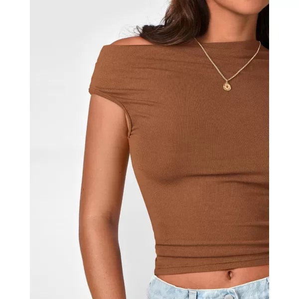 BTFBM Women Off The Shoulder Tops 2024 Summer Sleeveless Ruched Ribbed Shirt Asymmetrical Slim Fit Y2K Going Out TopSolid Brown