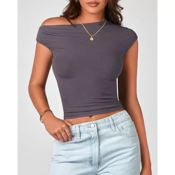 BTFBM Women Off The Shoulder Tops 2024 Summer Sleeveless Ruched Ribbed Shirt Asymmetrical Slim Fit Y2K Going Out TopSolid Dark Grey