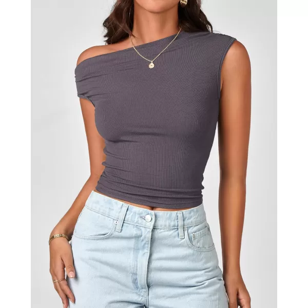 BTFBM Women Off The Shoulder Tops 2024 Summer Sleeveless Ruched Ribbed Shirt Asymmetrical Slim Fit Y2K Going Out TopSolid Dark Grey