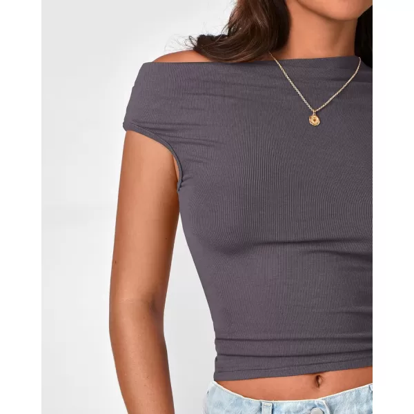 BTFBM Women Off The Shoulder Tops 2024 Summer Sleeveless Ruched Ribbed Shirt Asymmetrical Slim Fit Y2K Going Out TopSolid Dark Grey