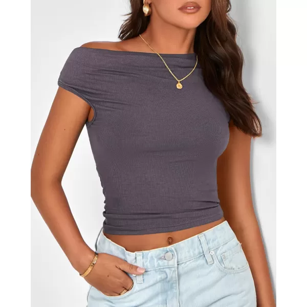 BTFBM Women Off The Shoulder Tops 2024 Summer Sleeveless Ruched Ribbed Shirt Asymmetrical Slim Fit Y2K Going Out TopSolid Dark Grey