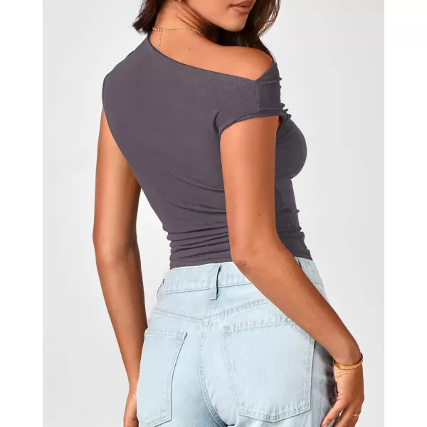 BTFBM Women Off The Shoulder Tops 2024 Summer Sleeveless Ruched Ribbed Shirt Asymmetrical Slim Fit Y2K Going Out TopSolid Dark Grey