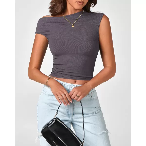 BTFBM Women Off The Shoulder Tops 2024 Summer Sleeveless Ruched Ribbed Shirt Asymmetrical Slim Fit Y2K Going Out TopSolid Dark Grey
