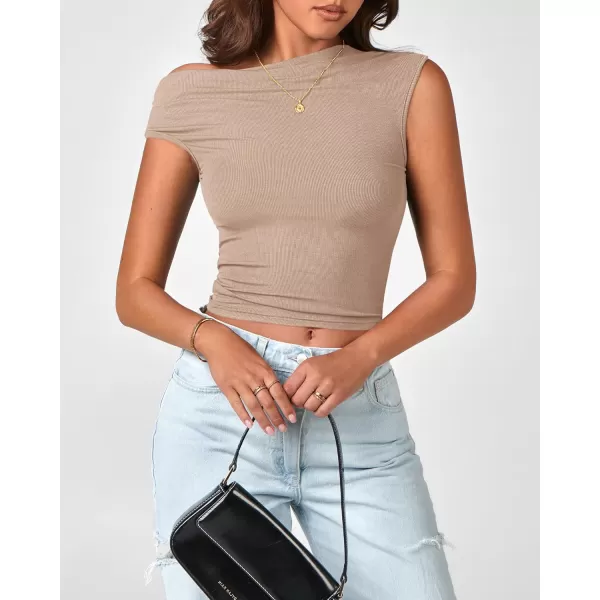 BTFBM Women Off The Shoulder Tops 2024 Summer Sleeveless Ruched Ribbed Shirt Asymmetrical Slim Fit Y2K Going Out TopSolid Khaki