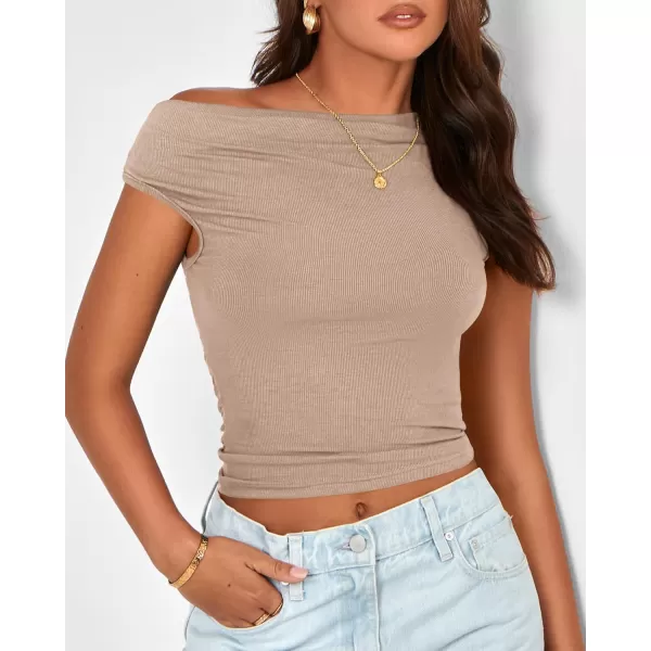 BTFBM Women Off The Shoulder Tops 2024 Summer Sleeveless Ruched Ribbed Shirt Asymmetrical Slim Fit Y2K Going Out TopSolid Khaki