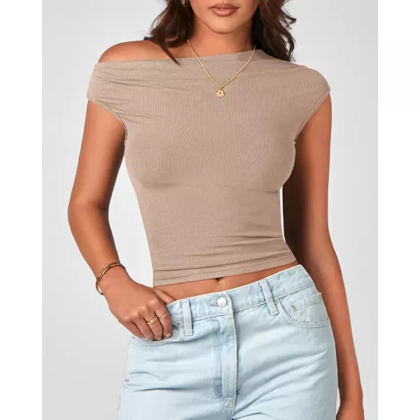BTFBM Women Off The Shoulder Tops 2024 Summer Sleeveless Ruched Ribbed Shirt Asymmetrical Slim Fit Y2K Going Out TopSolid Khaki