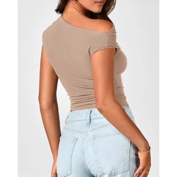 BTFBM Women Off The Shoulder Tops 2024 Summer Sleeveless Ruched Ribbed Shirt Asymmetrical Slim Fit Y2K Going Out TopSolid Khaki