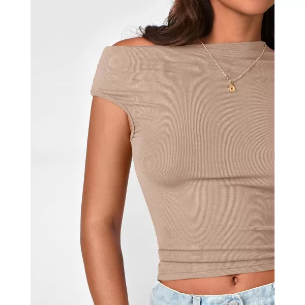 BTFBM Women Off The Shoulder Tops 2024 Summer Sleeveless Ruched Ribbed Shirt Asymmetrical Slim Fit Y2K Going Out TopSolid Khaki