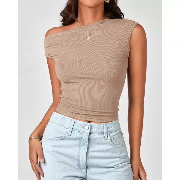 BTFBM Women Off The Shoulder Tops 2024 Summer Sleeveless Ruched Ribbed Shirt Asymmetrical Slim Fit Y2K Going Out TopSolid Khaki