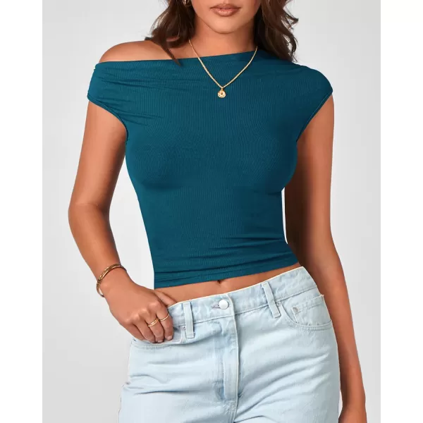 BTFBM Women Off The Shoulder Tops 2024 Summer Sleeveless Ruched Ribbed Shirt Asymmetrical Slim Fit Y2K Going Out TopSolid Lake Blue