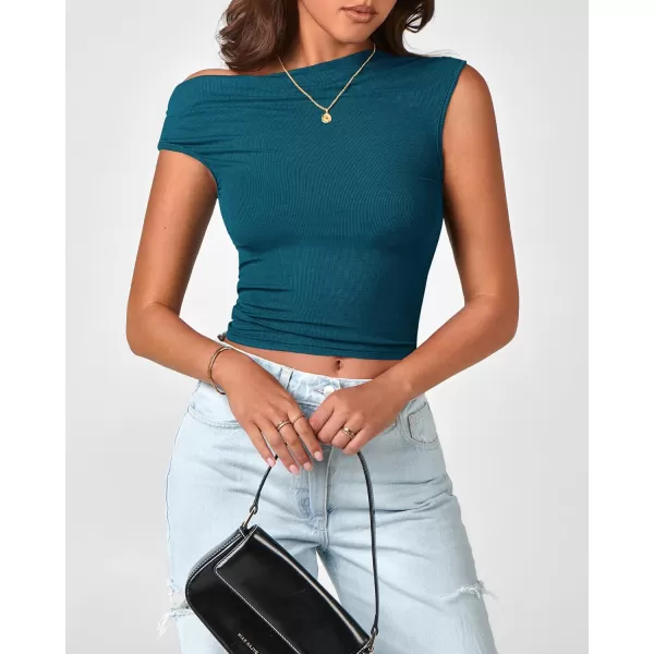 BTFBM Women Off The Shoulder Tops 2024 Summer Sleeveless Ruched Ribbed Shirt Asymmetrical Slim Fit Y2K Going Out TopSolid Lake Blue