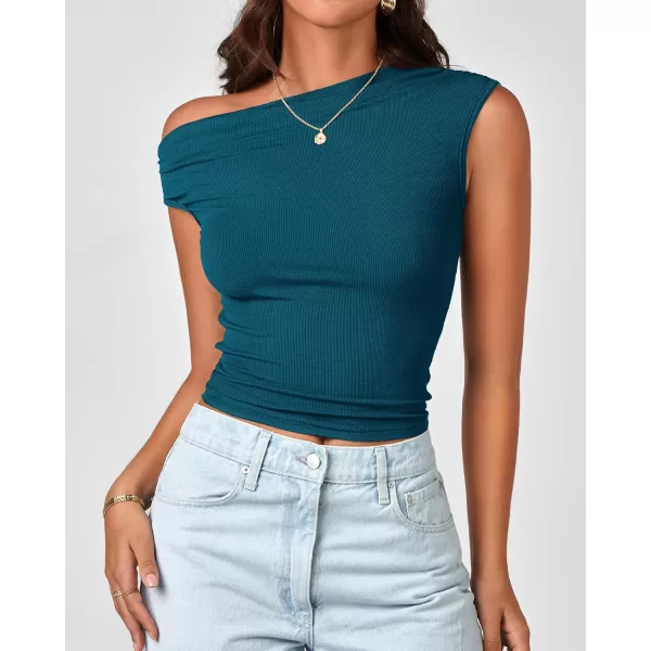BTFBM Women Off The Shoulder Tops 2024 Summer Sleeveless Ruched Ribbed Shirt Asymmetrical Slim Fit Y2K Going Out TopSolid Lake Blue