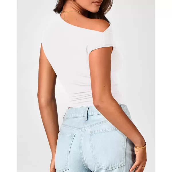 BTFBM Women Off The Shoulder Tops 2024 Summer Sleeveless Ruched Ribbed Shirt Asymmetrical Slim Fit Y2K Going Out TopSolid White