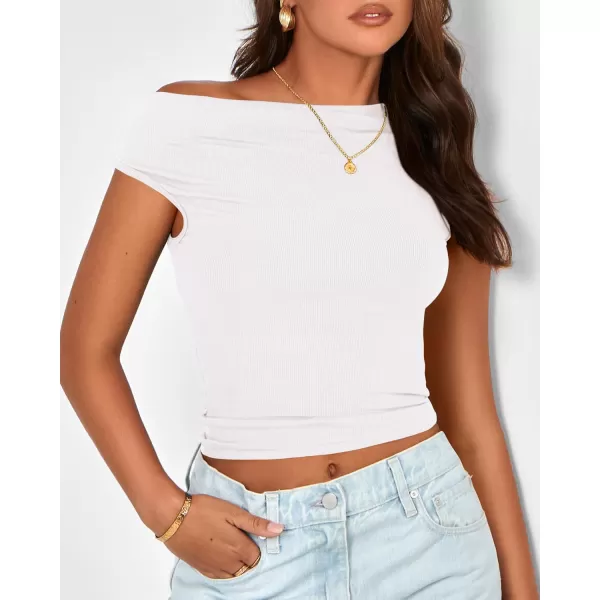 BTFBM Women Off The Shoulder Tops 2024 Summer Sleeveless Ruched Ribbed Shirt Asymmetrical Slim Fit Y2K Going Out TopSolid White