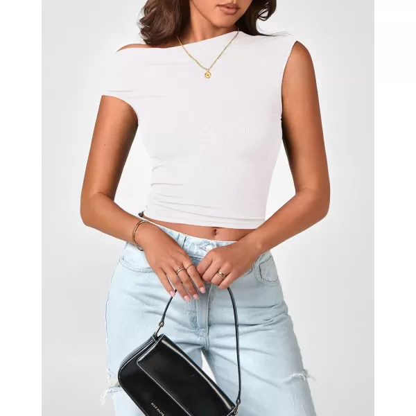 BTFBM Women Off The Shoulder Tops 2024 Summer Sleeveless Ruched Ribbed Shirt Asymmetrical Slim Fit Y2K Going Out TopSolid White