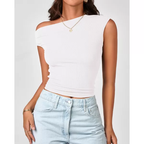BTFBM Women Off The Shoulder Tops 2024 Summer Sleeveless Ruched Ribbed Shirt Asymmetrical Slim Fit Y2K Going Out TopSolid White