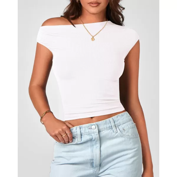 BTFBM Women Off The Shoulder Tops 2024 Summer Sleeveless Ruched Ribbed Shirt Asymmetrical Slim Fit Y2K Going Out TopSolid White