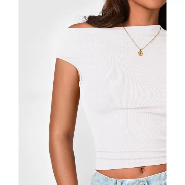 BTFBM Women Off The Shoulder Tops 2024 Summer Sleeveless Ruched Ribbed Shirt Asymmetrical Slim Fit Y2K Going Out TopSolid White