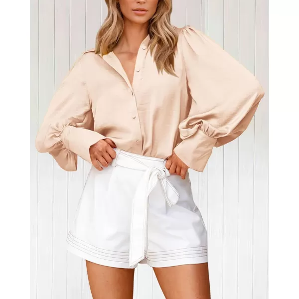BTFBM Women Satin Button Down Shirts Summer Fall Lantern Long Sleeve Lapel V Neck Blouse Loose Casual Office Work TopsSolid Beige