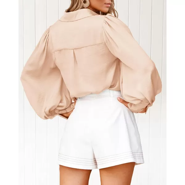 BTFBM Women Satin Button Down Shirts Summer Fall Lantern Long Sleeve Lapel V Neck Blouse Loose Casual Office Work TopsSolid Beige