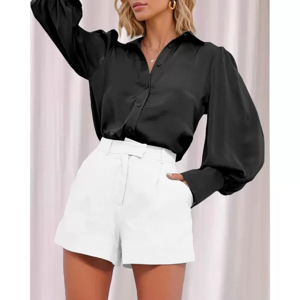 BTFBM Women Satin Button Down Shirts Summer Fall Lantern Long Sleeve Lapel V Neck Blouse Loose Casual Office Work TopsSolid Black
