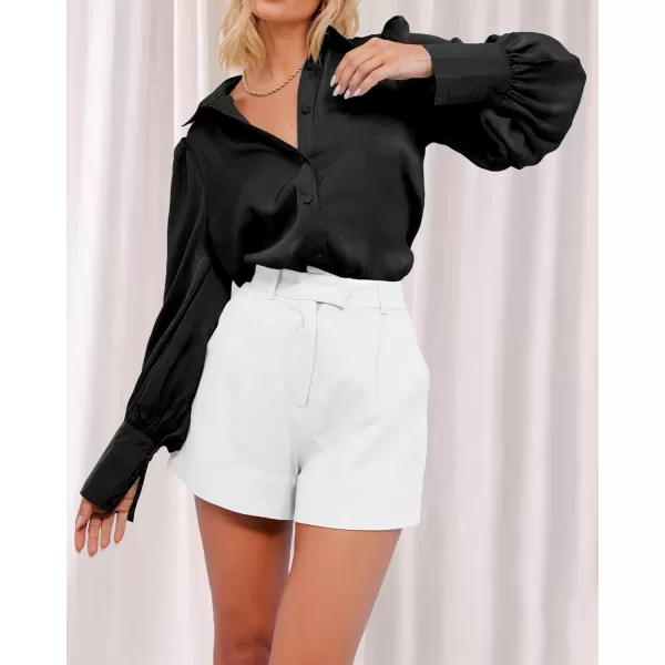 BTFBM Women Satin Button Down Shirts Summer Fall Lantern Long Sleeve Lapel V Neck Blouse Loose Casual Office Work TopsSolid Black