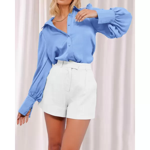 BTFBM Women Satin Button Down Shirts Summer Fall Lantern Long Sleeve Lapel V Neck Blouse Loose Casual Office Work TopsSolid Blue