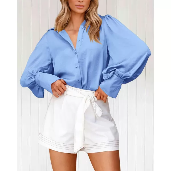 BTFBM Women Satin Button Down Shirts Summer Fall Lantern Long Sleeve Lapel V Neck Blouse Loose Casual Office Work TopsSolid Blue