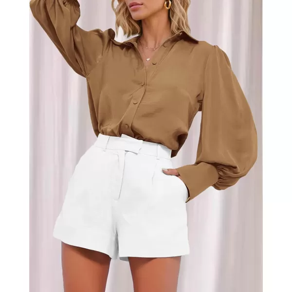 BTFBM Women Satin Button Down Shirts Summer Fall Lantern Long Sleeve Lapel V Neck Blouse Loose Casual Office Work TopsSolid Brown