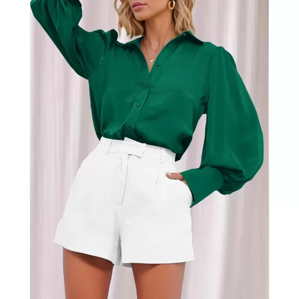 BTFBM Women Satin Button Down Shirts Summer Fall Lantern Long Sleeve Lapel V Neck Blouse Loose Casual Office Work TopsSolid Green