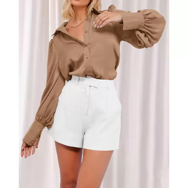 BTFBM Women Satin Button Down Shirts Summer Fall Lantern Long Sleeve Lapel V Neck Blouse Loose Casual Office Work TopsSolid Khaki
