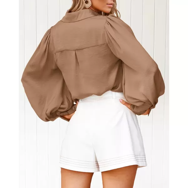 BTFBM Women Satin Button Down Shirts Summer Fall Lantern Long Sleeve Lapel V Neck Blouse Loose Casual Office Work TopsSolid Khaki
