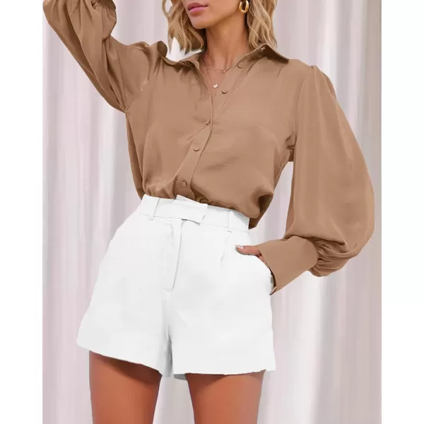 BTFBM Women Satin Button Down Shirts Summer Fall Lantern Long Sleeve Lapel V Neck Blouse Loose Casual Office Work TopsSolid Khaki