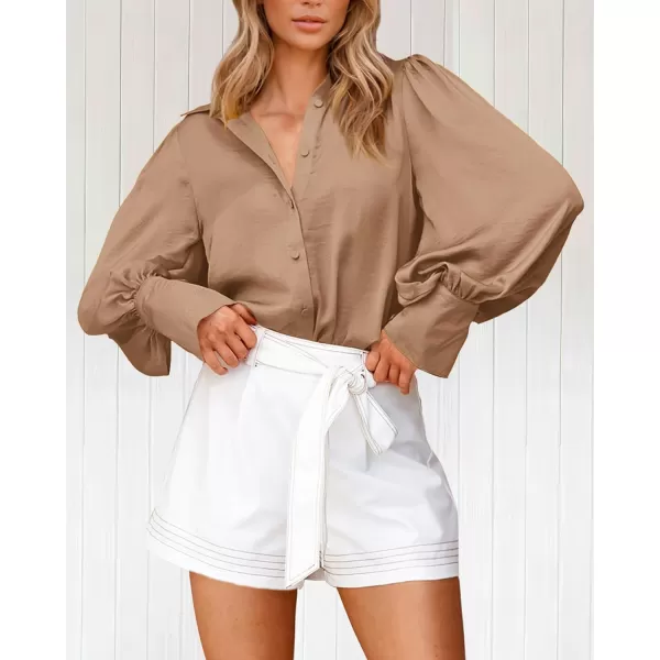 BTFBM Women Satin Button Down Shirts Summer Fall Lantern Long Sleeve Lapel V Neck Blouse Loose Casual Office Work TopsSolid Khaki