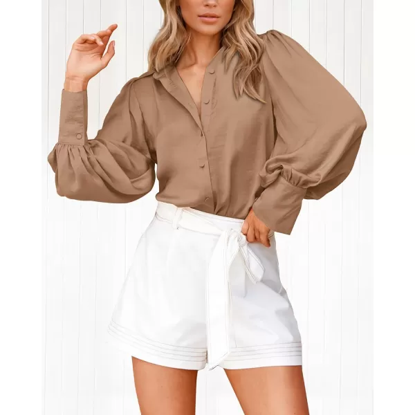 BTFBM Women Satin Button Down Shirts Summer Fall Lantern Long Sleeve Lapel V Neck Blouse Loose Casual Office Work TopsSolid Khaki
