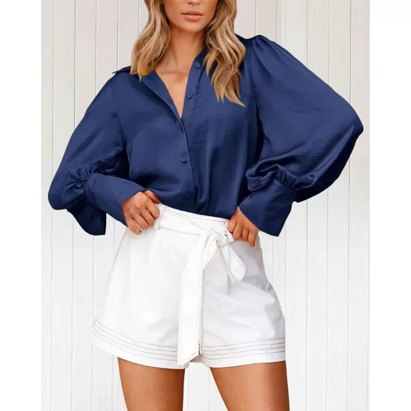 BTFBM Women Satin Button Down Shirts Summer Fall Lantern Long Sleeve Lapel V Neck Blouse Loose Casual Office Work TopsSolid Navy