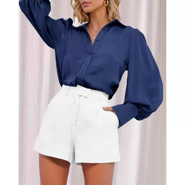BTFBM Women Satin Button Down Shirts Summer Fall Lantern Long Sleeve Lapel V Neck Blouse Loose Casual Office Work TopsSolid Navy